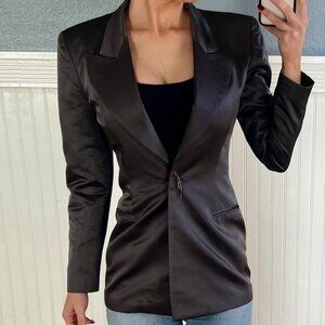 RARE Vintage 100% Silk PAMELA DENNIS Gray Tuxedo Collar Blazer w Leaf Button 4